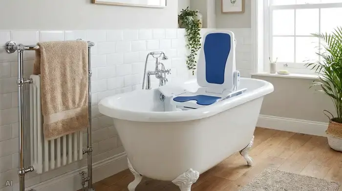 Eine klassische, weiße Badewanne in einem aufgeräumten Badezimmer, ausgestattet mit einem modernen, elektrischen Badewannenlift. Der Sitz des Lifts ist ergonomisch geformt und verfügt über seitliche Transferklappen. Ein weiches, warmes Handtuch liegt griffbereit auf einem beheizten Handtuchhalter.