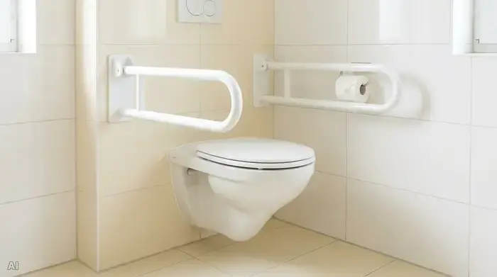 Ein erhöhtes Wand-WC in einem hell gefliesten Badezimmer. Rechts und links neben der Toilette sind stabile, weiße Stützklappgriffe an der Wand montiert, die nach unten geklappt sind. Auf einem der Griffe ist eine Rolle Toilettenpapier griffbereit befestigt.