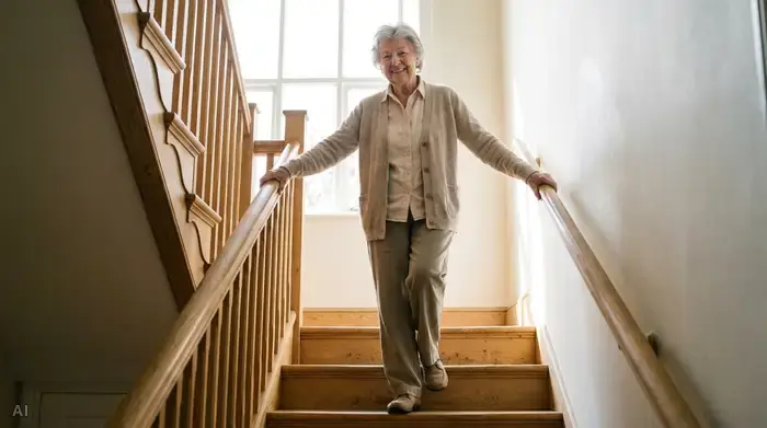 Eine ältere, gepflegte Dame in bequemer Alltagskleidung steht sicher auf einer hellen Holztreppe. Sie hält sich mit beiden Händen an beidseitigen, runden Holzhandläufen fest und lächelt entspannt. Sanftes Sonnenlicht erhellt das Treppenhaus.