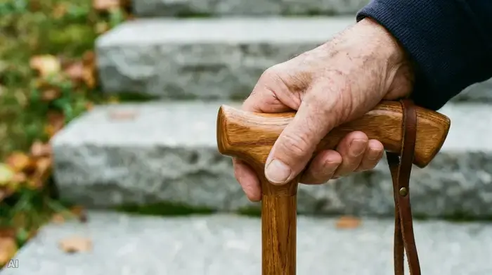 Eine Nahaufnahme einer Hand, die sanft auf einem ergonomisch geformten Gehstock ruht. Der Stock hat einen breiten, bequemen Griff. Im Hintergrund ist unscharf die unterste Stufe einer modernen Steintreppe zu erkennen.