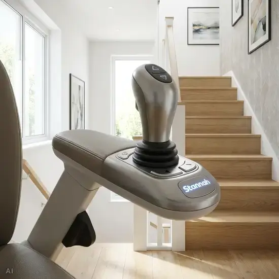 Nahaufnahme der Armlehne eines luxuriösen Treppenlifts. Man sieht einen großen, leicht zu bedienenden ergonomischen Joystick. Die Umgebung ist ein sauberes, helles Treppenhaus mit stilvoller Dekoration.