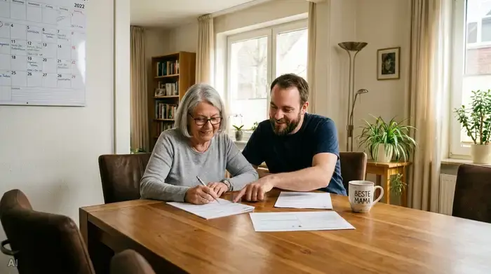 Eine ältere Frau und ihr erwachsener Sohn sitzen gemeinsam am Esstisch und füllen konzentriert wichtige Formulare aus. Ein Kalender und eine Kaffeetasse stehen auf dem Tisch. Eine harmonische und unterstützende Stimmung in einem aufgeräumten Esszimmer.