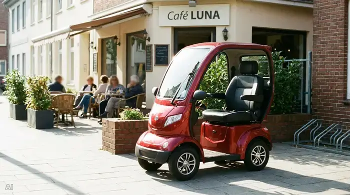 Ein modernes, komfortables rotes Elektromobil steht geparkt auf einem sauberen Gehweg vor einem kleinen, charmanten Café. Im Hintergrund sitzen verschwommen einige Menschen an Tischen im Freien. Helle, freundliche Nachmittagsstimmung.