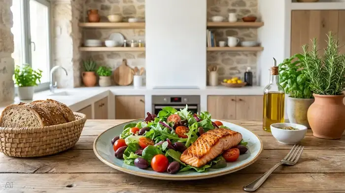 Ein bunter, appetitlich angerichteter Teller mit frischem grünem Salat, Kirschtomaten, Oliven und gebratenem Lachs auf einem rustikalen Holztisch. Daneben liegt ein Korb mit frischem Vollkornbrot. Eine gesunde, mediterrane Mahlzeit in einer hellen, modernen Küche.