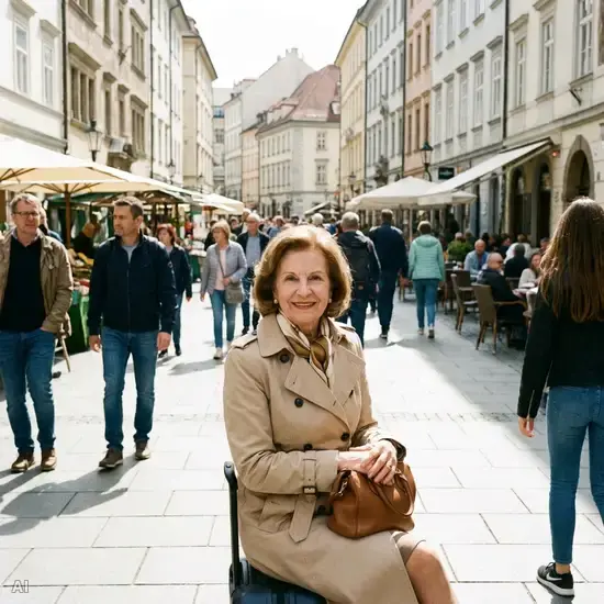 Eine elegante ältere Dame sitzt entspannt auf einem aufgeklappten Sitzstock mitten in einer belebten, sauberen Fußgängerzone und ruht sich lächelnd aus.