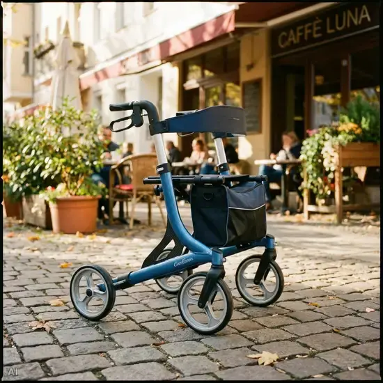 Ein moderner, blauer Leichtgewichtrollator steht sicher geparkt auf einem gepflasterten Weg, im Hintergrund ist unscharf ein gemütliches Straßencafé zu erkennen.