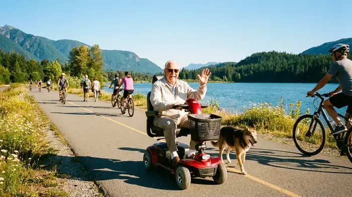Ein glücklicher Senior fährt mit einem roten Elektromobil auf einem gut ausgebauten Radweg entlang eines malerischen Sees bei strahlendem Sonnenschein.