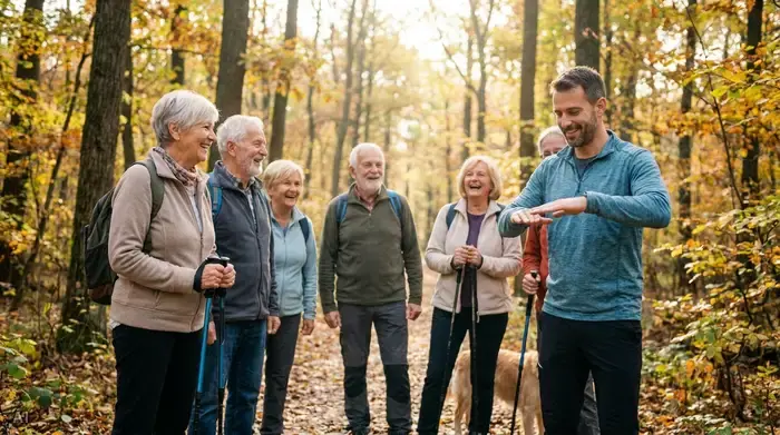 Eine kleine Gruppe von Senioren macht gemeinsam einen Spaziergang im Wald, angeleitet von einem Physiotherapeuten. Alle tragen bequeme Kleidung und lächeln.