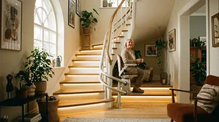 Eine ältere, freundlich blickende Dame fährt entspannt und sicher auf einem modernen Sitz-Treppenlift eine geschwungene Treppe hinauf. Das Treppenhaus ist hell und freundlich eingerichtet, mit sanfter, warmer Beleuchtung an den Stufen.