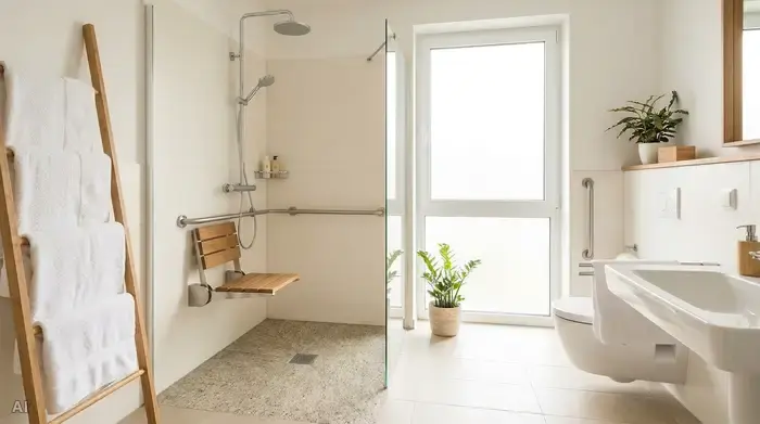Ein helles, modernes und barrierefreies Badezimmer. Eine geräumige Walk-in-Dusche mit rutschfestem Boden und einem eleganten, an der Wand montierten Duschklappsitz. Handtücher hängen ordentlich an der Seite, die Atmosphäre ist sauber, sicher und beruhigend.