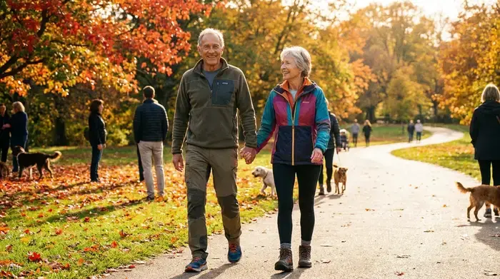 Ein aktives älteres Paar spaziert an einem sonnigen Herbsttag entspannt durch einen gepflegten Park. Der Mann trägt bequeme Laufschuhe und lächelt. Die Szene strahlt Vitalität, Zuversicht und die positive Wirkung von Bewegung an der frischen Luft aus.