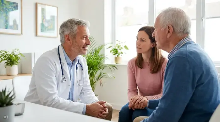 Ein empathischer Arzt in einem hellen, freundlichen Sprechzimmer sitzt einem älteren Patienten und dessen Tochter gegenüber. Der Arzt erklärt ruhig die Situation, während die Tochter aufmerksam zuhört und beruhigend die Hand ihres Vaters hält.