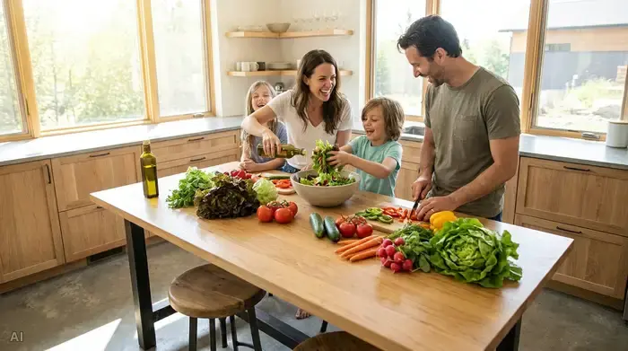 Eine Familie steht gemeinsam in einer modernen, hellen Küche und bereitet einen frischen Salat mit viel buntem Gemüse und Olivenöl zu. Alle wirken fröhlich und entspannt bei der gemeinsamen Zubereitung der Mahlzeit.