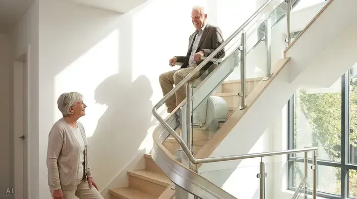 Ein eleganter, moderner Treppenlift ist in einem gepflegten, hellen Treppenhaus eines Einfamilienhauses installiert. Ein älterer Herr fährt entspannt und sicher nach oben, während seine Frau ihm vom unteren Treppenabsatz freundlich zulächelt.