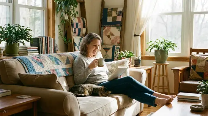 Eine Frau mittleren Alters sitzt entspannt mit einer Tasse Tee auf einem gemütlichen Sofa in einem sonnigen Wohnzimmer und liest ein Buch. Die Szene strahlt tiefe Ruhe, Entspannung und persönliche Ausgeglichenheit aus.