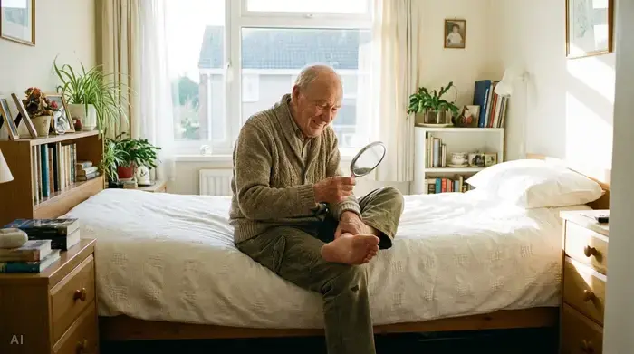 Ein älterer Herr sitzt gemütlich auf der Bettkante und betrachtet aufmerksam seine Fußsohle mit Hilfe eines kleinen Handspiegels. Das Zimmer ist hell und aufgeräumt, die Szene wirkt friedlich und realistisch.