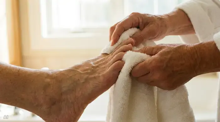 Eine Nahaufnahme: Sanfte Hände trocknen vorsichtig mit einem flauschigen, weißen Handtuch die Zehenzwischenräume eines älteren Fußes ab. Die Szene wirkt beruhigend und hygienisch rein, sanftes Morgenlicht erhellt das Bild.