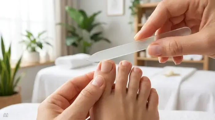 Eine gepflegte Glasfeile wird behutsam an den geraden Rand eines Fußnagels gehalten. Im Hintergrund weiches, unverschwommenes Licht eines sauberen Pflegezimmers. Keine Scheren oder Knipser sind im Bild zu sehen.