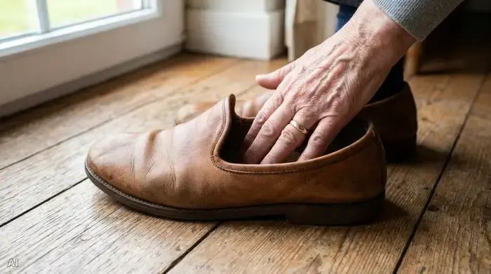 Ein weicher, bequemer Lederschuh für Senioren steht auf einem Holzboden. Eine Hand tastet vorsichtig das Innere des Schuhs ab, um nach störenden Nähten oder Steinchen zu suchen. Das Bild ist gut ausgeleuchtet und klar.
