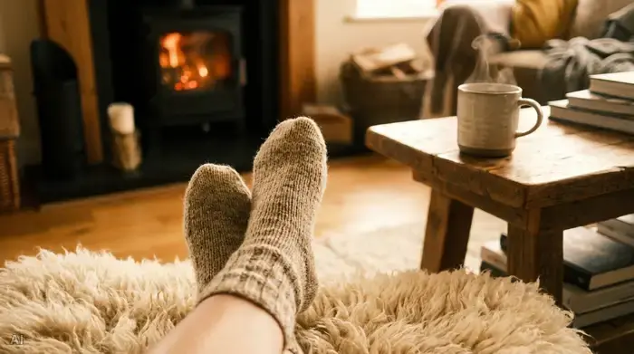 Ein Paar Füße in dicken, kuscheligen Wollsocken ruht gemütlich auf einem weichen Teppich im Wohnzimmer. Eine dampfende Tasse Tee steht im unscharfen Hintergrund auf einem kleinen Holztisch. Behagliche und warme Atmosphäre.