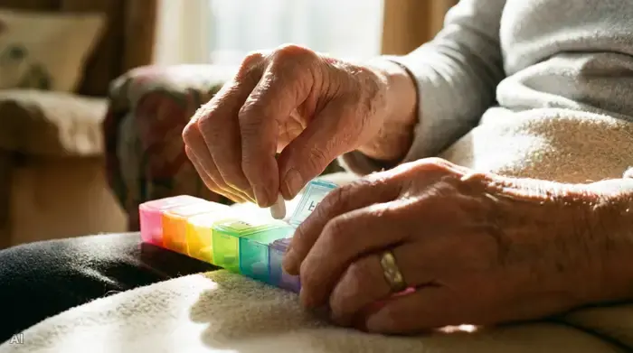 Nahaufnahme von sanften, faltigen Händen eines Seniors, die vorsichtig eine weiße Tablette aus einem farbenfrohen Wochendispenser nehmen, umgeben von weichem Morgenlicht.