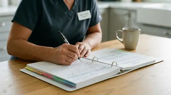 Eine professionelle Pflegekraft notiert sorgfältig Einträge in einer übersichtlichen Pflegemappe auf einem aufgeräumten Küchentisch, im Hintergrund steht unscharf eine Tasse Kaffee.