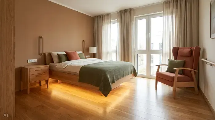 Ein aufgeräumtes, seniorengerechtes Schlafzimmer in warmen Erdtönen. Eine sanfte LED-Lichtleiste unter dem Holzbettkasten beleuchtet den komplett freien, teppichlosen Fußboden.