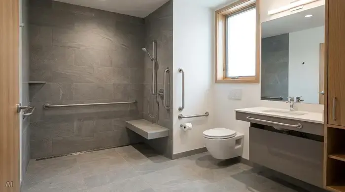 Ein modernes, barrierefreies Badezimmer mit bodengleicher Dusche und rutschfesten, matten Fliesen. Neben der Toilette sind stabile, metallene Haltegriffe fest an der Wand montiert.