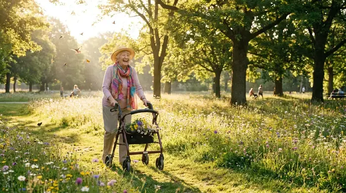 Eine fröhliche Seniorin spaziert an einem sonnigen Vormittag mit einem Rollator durch einen grünen, blühenden Park. Helles Tageslicht und eine friedliche Naturumgebung vermitteln Vitalität.
