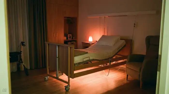 Ein aufgeräumtes, seniorengerechtes Schlafzimmer mit einem modernen, unauffälligen Pflegebett. Warme, indirekte Beleuchtung durch ein kleines Nachtlicht mit rötlichem Schein sorgt für eine sichere Stimmung.