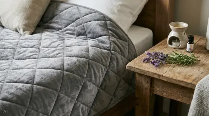 Eine Nahaufnahme einer hochwertigen, grau gesteppten Gewichtsdecke auf einem gemütlichen Bett. Auf dem rustikalen Nachttisch daneben liegt ein frischer Lavendelzweig neben einer kleinen Aromalampe.