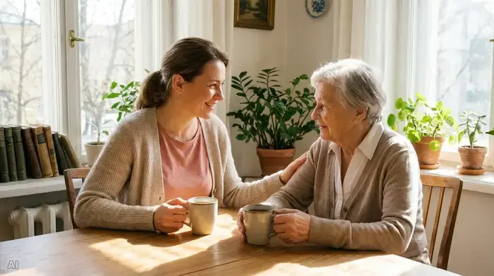 Eine einfühlsame, lächelnde Pflegekraft sitzt gemeinsam mit einer älteren Dame an einem hellen Holztisch. Beide halten eine Tasse Tee in den Händen und wirken sehr entspannt und vertraut.