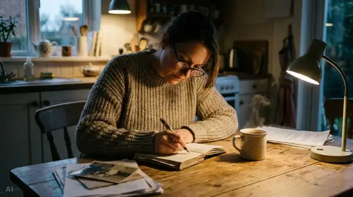 Eine Frau sitzt im Halbdunkel am Küchentisch und trägt konzentriert bei einer Tasse Tee handschriftliche Notizen in ein kleines Notizbuch ein.