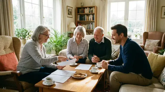 Eine lächelnde Seniorenberaterin sitzt mit einer Familie im hellen Wohnzimmer und bespricht gemeinsam Dokumente bei einer Tasse Kaffee.