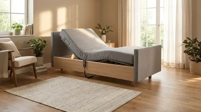 Ein modernes, elektrisch verstellbares Pflegebett in einem freundlich eingerichteten Schlafzimmer mit einem dezenten Sensorteppich davor.