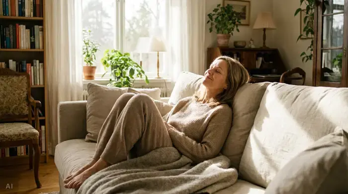 Eine Frau mittleren Alters entspannt sich mit geschlossenen Augen auf einem bequemen Sofa, im Hintergrund fällt weiches Tageslicht durch das Fenster.