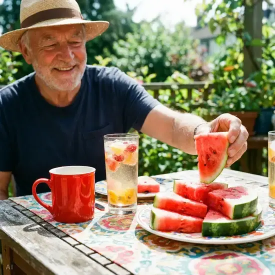 Ein farbenfroher Tisch mit verschiedenen Getränken: Ein leuchtend roter Becher, ein Glas mit Fruchtsaftschorle und ein Teller mit frischen Wassermelonenstücken. Ein älterer Herr greift lächelnd nach der saftigen Melone. Helle, freundliche Atmosphäre.