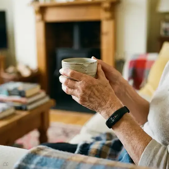 Ein modernes, unauffälliges Smart-Armband am Handgelenk einer älteren Dame, die gerade eine Teetasse hält. Der Fokus liegt auf den Händen und der Tasse, gemütliches Ambiente im Hintergrund.