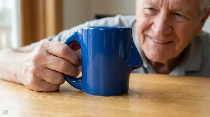 Ein spezieller, ergonomisch geformter Nasenausschnittbecher in kräftigem Blau steht auf einem hellen Holztisch. Eine ältere Hand ruht sicher am großen Henkel. Im Hintergrund ein unscharfes, freundliches Gesicht.