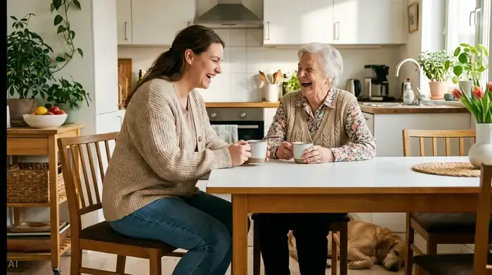 Eine sympathische Pflegekraft in Alltagskleidung sitzt gemeinsam mit einer älteren Dame am Esstisch. Beide lachen und trinken genüsslich eine Tasse Kaffee. Warme, vertrauensvolle Stimmung in einer sauberen Küche.
