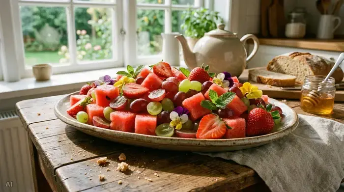 Ein appetitlich angerichteter, farbenfroher Obstteller mit saftigen Wassermelonenwürfeln, halbierten Weintrauben und frischen Erdbeeren auf einem rustikalen Holztisch in einer sonnigen Küche.