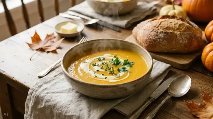 Eine warme, cremige Kürbissuppe in einer schönen rustikalen Keramikschale, garniert mit einem Schuss Sahne und frischen Kräutern, steht dampfend auf einem liebevoll gedeckten Holztisch.