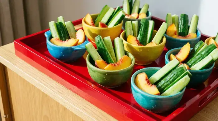 Kleine, bunte Schälchen mit mundgerechten Gurkensticks und Pfirsichspalten stehen gut sichtbar auf einem leuchtend roten Tablett auf einer hellen Anrichte. Fokus auf die starken Farbkontraste.