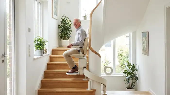 Ein moderner, unauffälliger Treppenlift in einem gepflegten Einfamilienhaus. Ein lächelnder Senior fährt sicher und entspannt die Treppe hinauf. Das Treppenhaus ist hell und freundlich gestaltet.