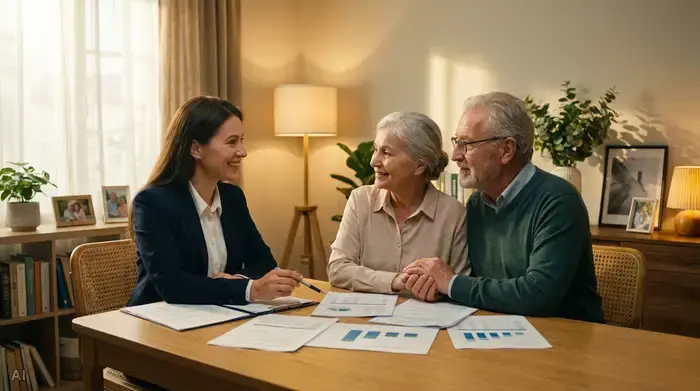 Eine lächelnde Beraterin sitzt mit einem älteren Ehepaar am Esstisch in einem gemütlichen Wohnzimmer. Sie besprechen gemeinsam übersichtlich ausgebreitete Dokumente. Harmonische, vertrauensvolle und hoffnungsvolle Stimmung bei warmem Raumlicht.