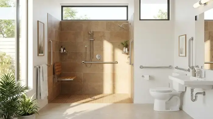 Ein modernes, barrierefreies Badezimmer mit einer großen, ebenerdigen Dusche. Rutschfeste, stilvolle Bodenfliesen in warmen Erdtönen, ein bequemer Duschklappsitz an der Wand und gut erreichbare, verchromte Haltegriffe. Sehr sauberes und helles Ambiente.