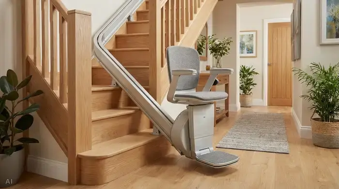 Ein eleganter, moderner Sitz-Treppenlift, der an einer hellen Holztreppe in einem gepflegten Einfamilienhaus montiert ist. Der Lift fügt sich nahtlos in das wohnliche Umfeld ein. Im Hintergrund ist ein einladender Flur mit grünen Zimmerpflanzen zu sehen.
