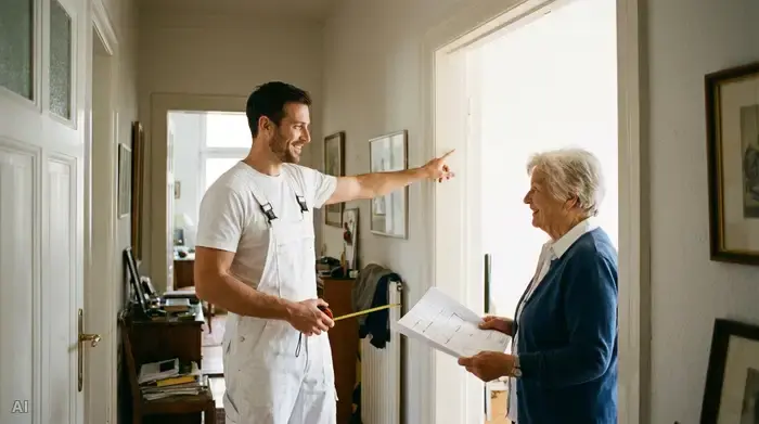 Ein freundlicher Handwerker in sauberer Arbeitskleidung bespricht mit einer älteren Dame die Umbaupläne direkt in ihrem Hausflur. Er hält einen Zollstock in der Hand und zeigt auf den breiten Türrahmen. Professionelle und vertrauensvolle Atmosphäre.