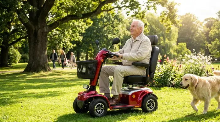 Ein glücklicher Senior fährt bei strahlendem Sonnenschein mit einem modernen, roten Elektromobil durch einen grünen, gepflegten Park. Er trägt eine leichte Jacke und lächelt entspannt in die Ferne. Im Hintergrund spazieren Menschen unter großen Bäumen.