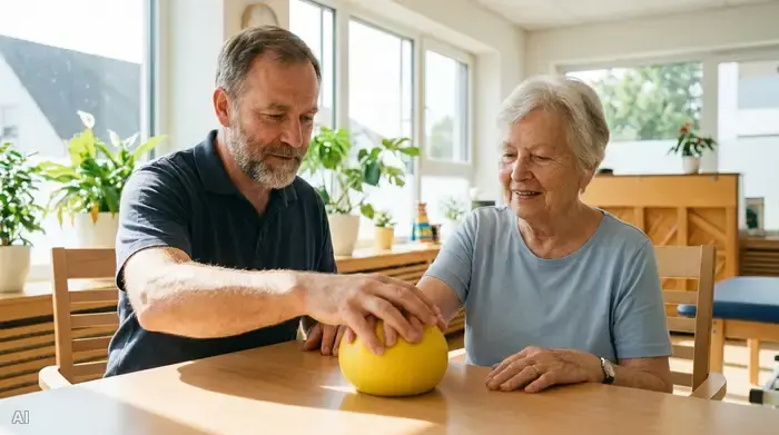 Ein geduldiger Ergotherapeut unterstützt eine ältere Dame sanft dabei, einen weichen Ball auf einem Holztisch zu greifen. Helle, freundliche Praxisumgebung, fokussierte und ruhige Stimmung.